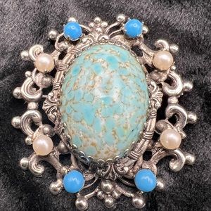 Vintage Brooch or Pendant ornate turquoise and pearl